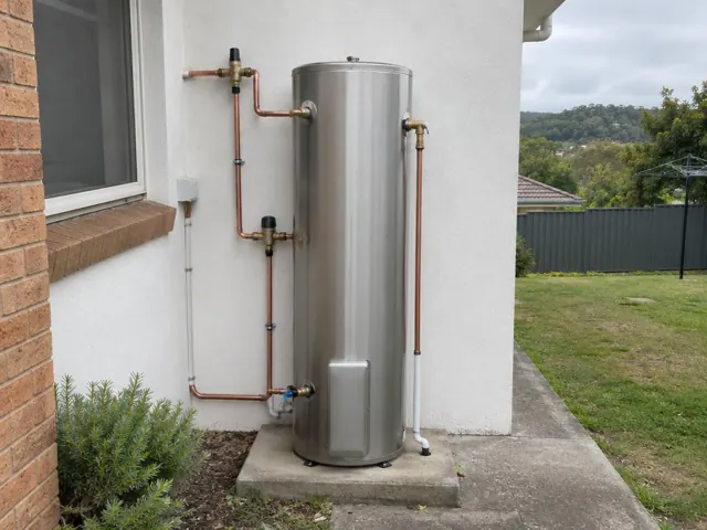 Stainless hot water tank with copper pipework beside a house wall and window in Tingira Heights